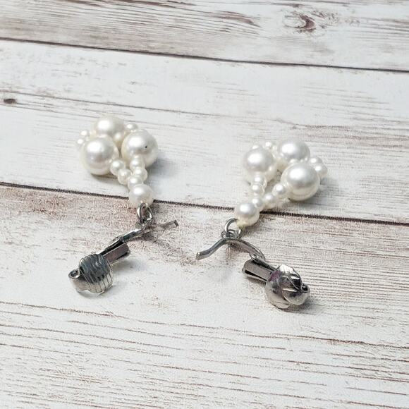 Vintage Clip On Earrings - Faux Pearl Beaded Dangle - Picture 3 of 5